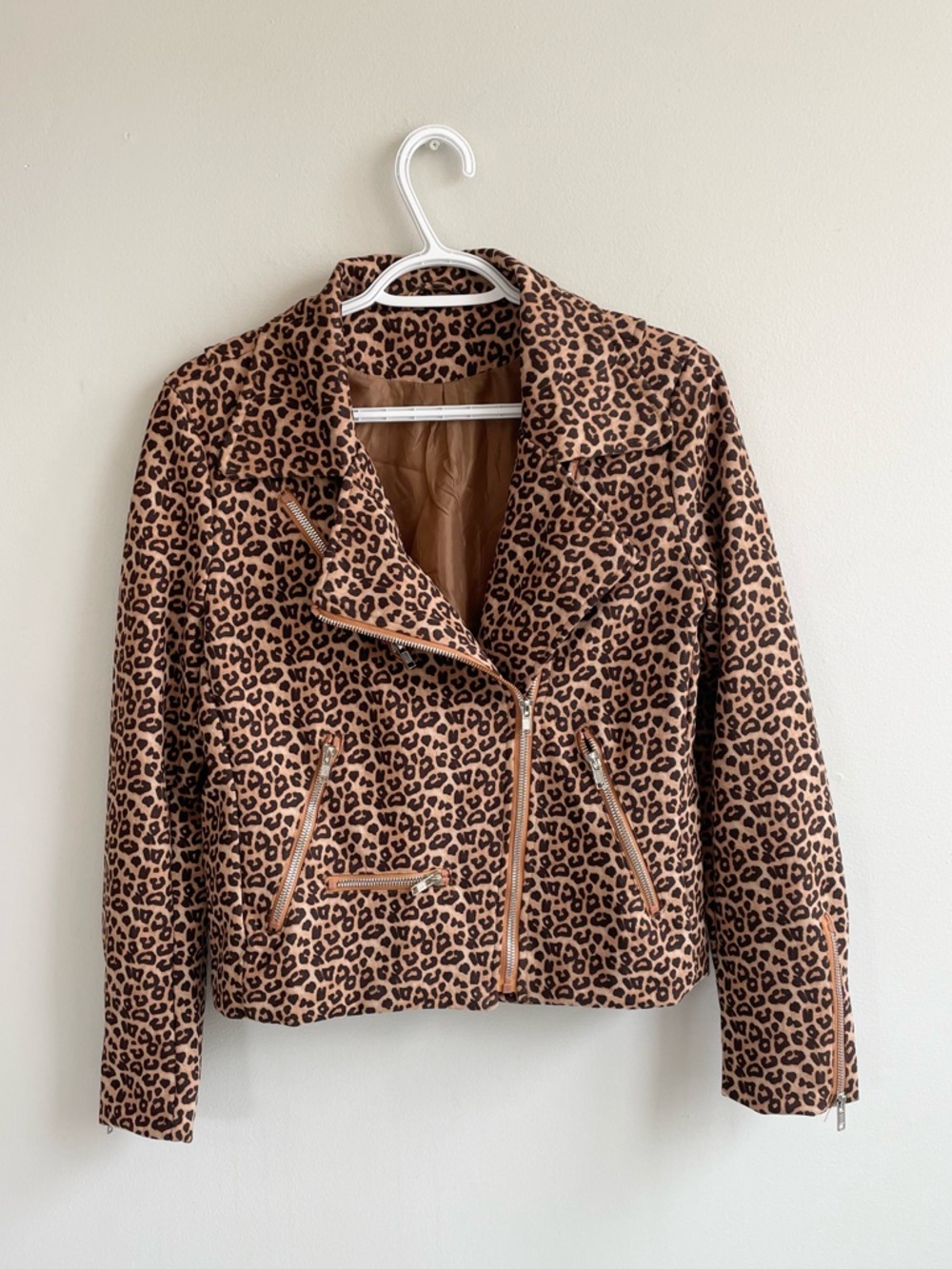 BROWN BLACK LEOPARD PRINT MOTO JACKET SILVER ZIPPERS CUFFS POCKETS LINED